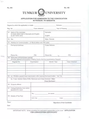 Tumkur University Admission Application Form