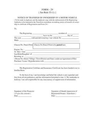 Vehicle Ownership Intimation and Transfer Form 29 Mizoram