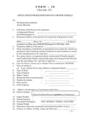 Vehicle Registration Form 20 Mizoram