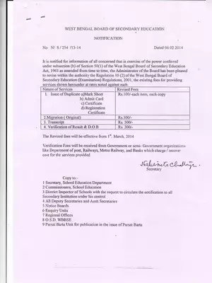 WBBSE Revised Fee of Duplicate Mark sheet/Admit Card/Migration