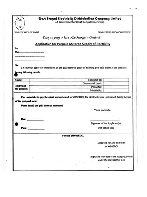 WBSEDCL Post-paid to Pre-paid Conversion Form