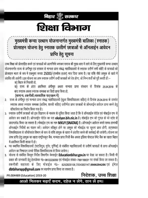 Bihar Mukhyamantri Kanya Utthan Yojana Application Form and Guidelines (12th & Graduate) Hindi