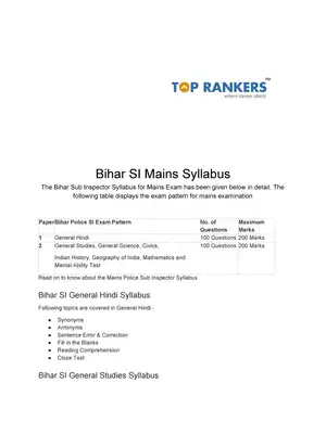 Bihar SI Syllabus 2020