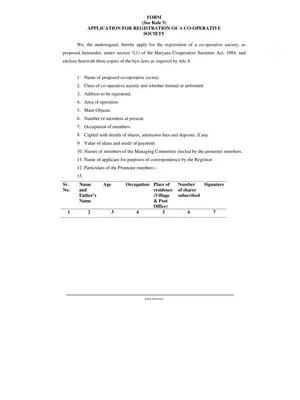 Co-Operative Society Registration Form Haryana