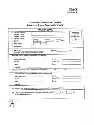 Jammu and Kashmir Domicile Certificate Application Form