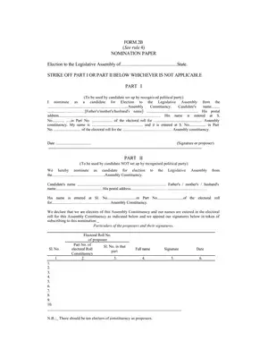 Legislative Assembly Election Nomination Paper Form 2B Manipur