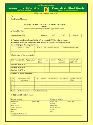 PSB Agriculture Credit Loan Application Form