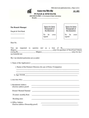PSB Auto (Vehicle) loan Application Form PDF