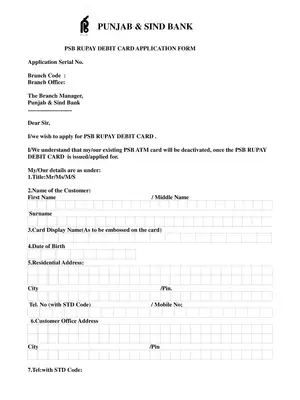 PSB Rupay Debit Card Application Form PDF