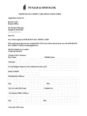 PSB RuPay Kisan Credit Card Form PDF