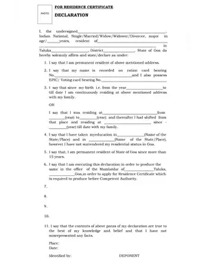 Resident Certificate Declaration Form Goa
