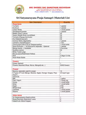 Satyanarayana Pooja Samagri List