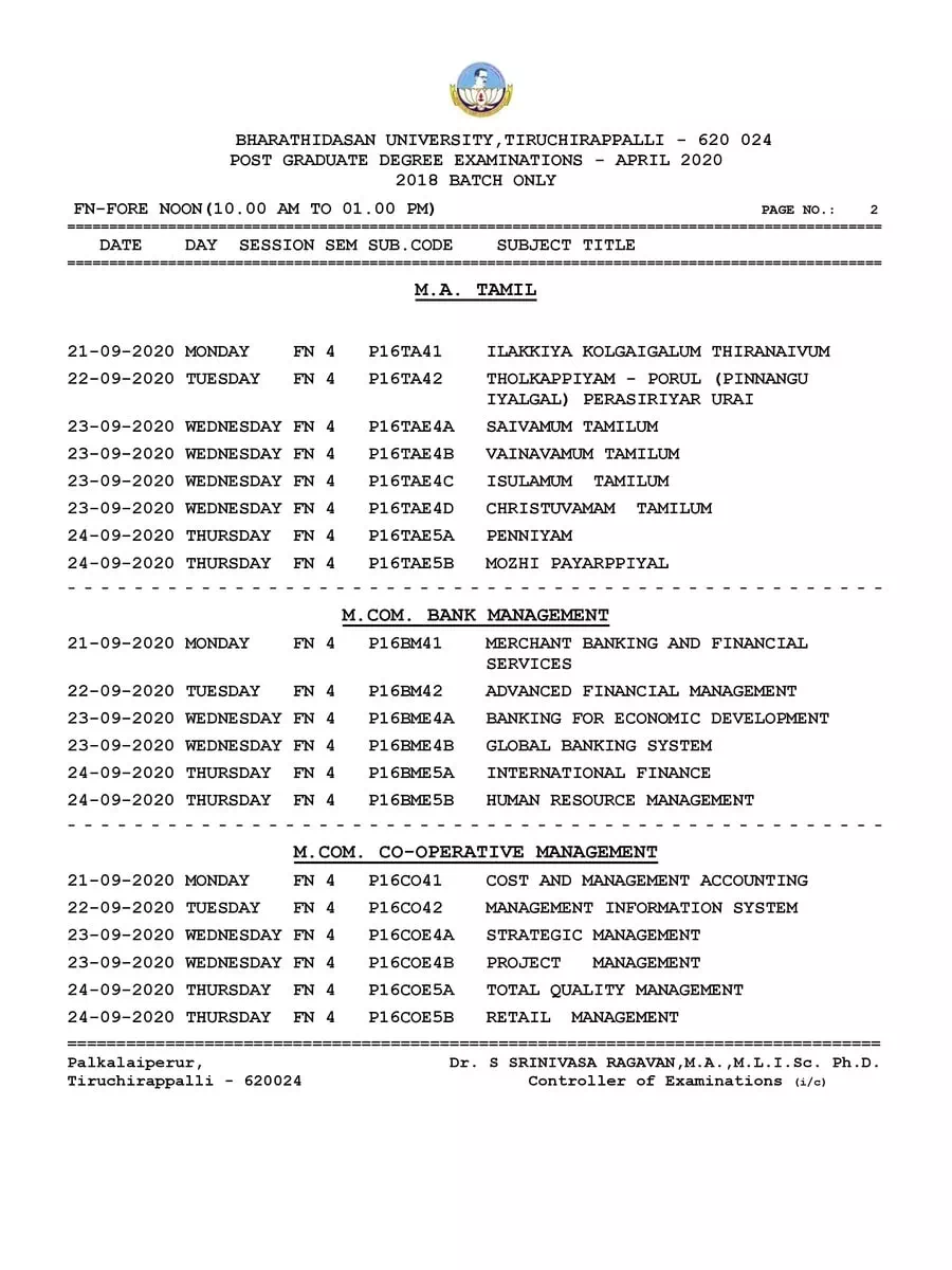 2nd Page of BDU Exam Time Table 2020 PDF