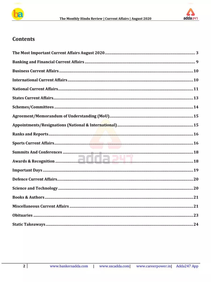 2nd Page of Current Affairs August 2020 PDF
