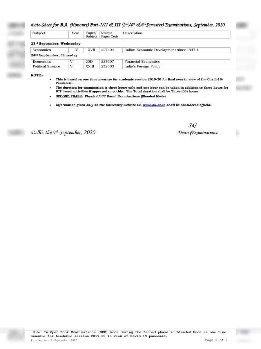 2nd Page of DU Sol UG Exam Date Sheet 2020 PDF