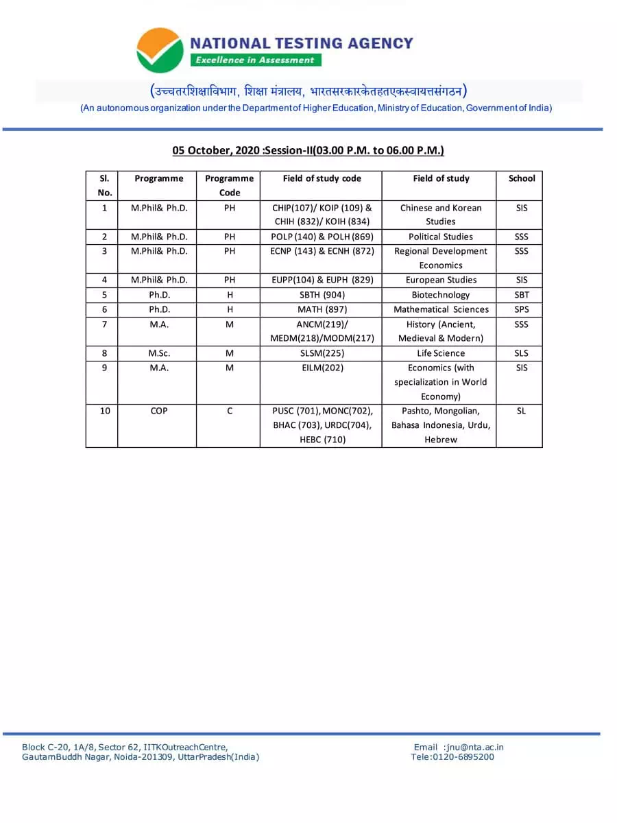 2nd Page of JNU Entrance Exams (JNUEE) Date Sheet 2020-21 PDF