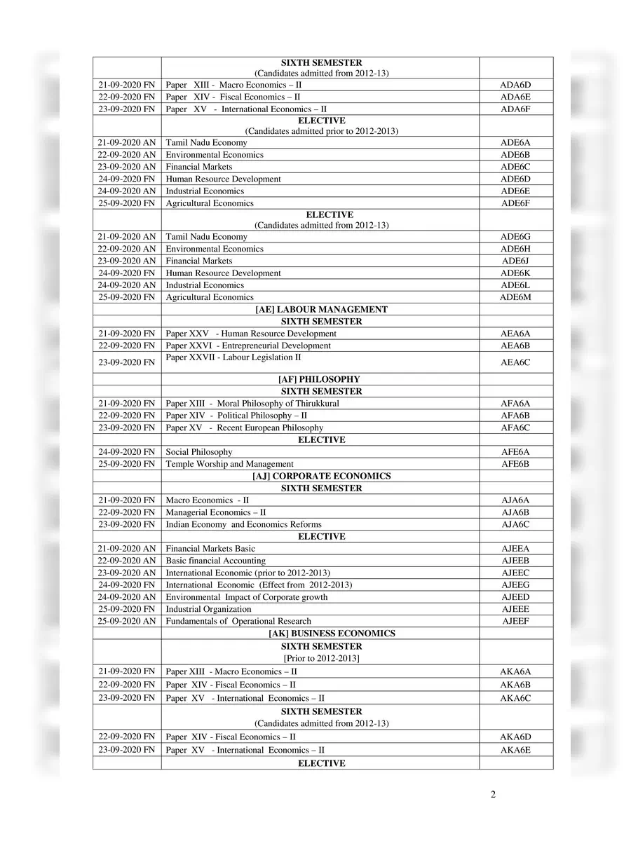2nd Page of Madras University Exam Time Table 2020 PDF