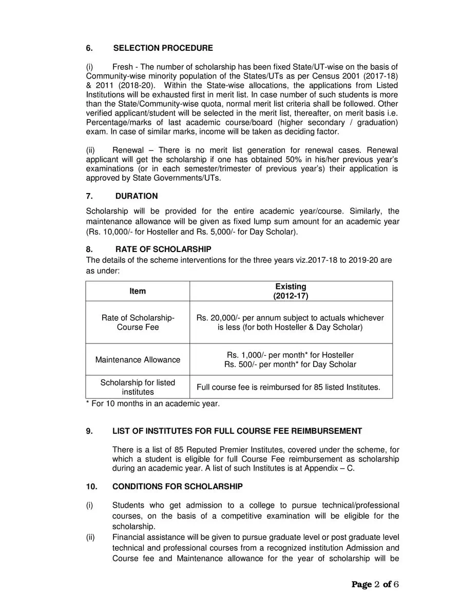 2nd Page of Merit Cum Means Scholarship for Professional and Technical Courses Guidelines PDF