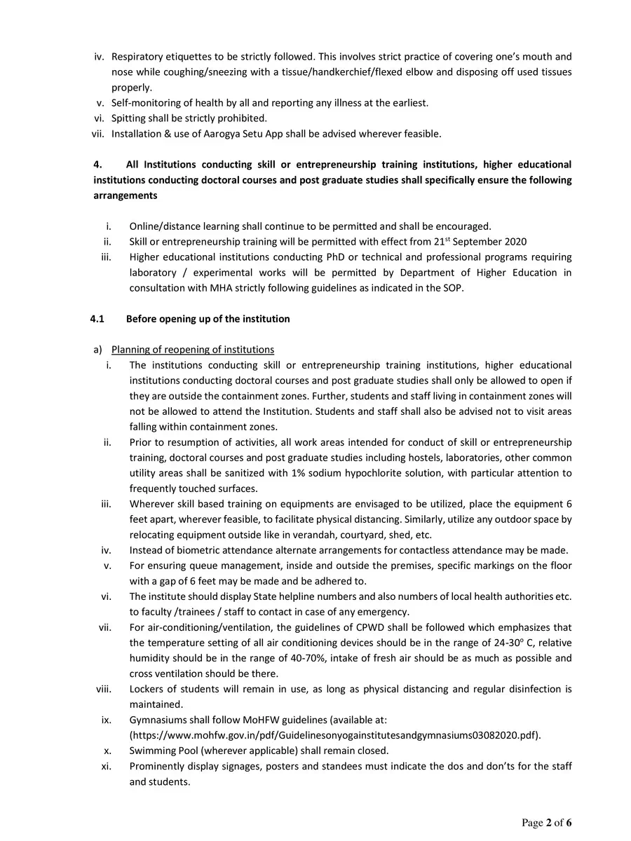 2nd Page of MHA Educational Institutions Re-opening Guideline PDF