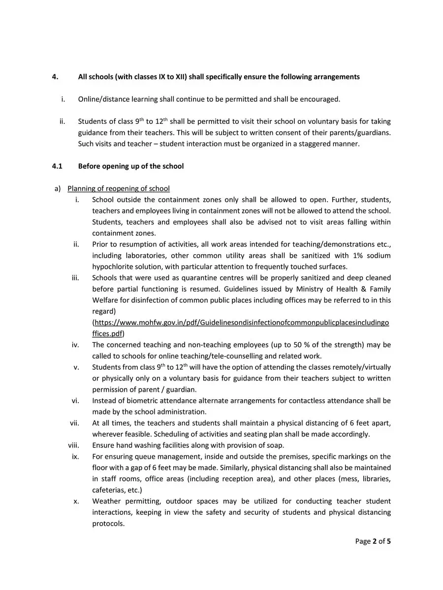2nd Page of MHA Schools Re-opening Guideline PDF