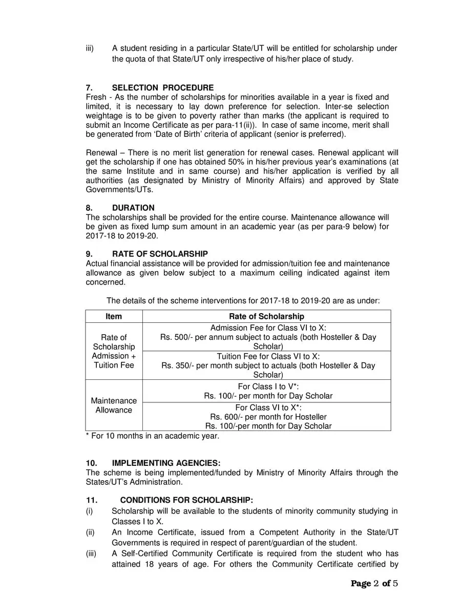 2nd Page of Minorities Pre Matric Scholarships Scheme Guidelines 2020 PDF