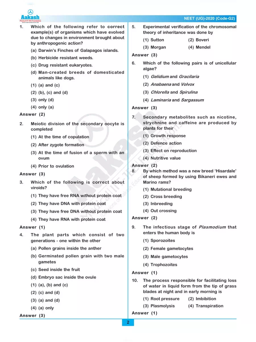 2nd Page of NEET 2020 Question Paper Code-G2 PDF
