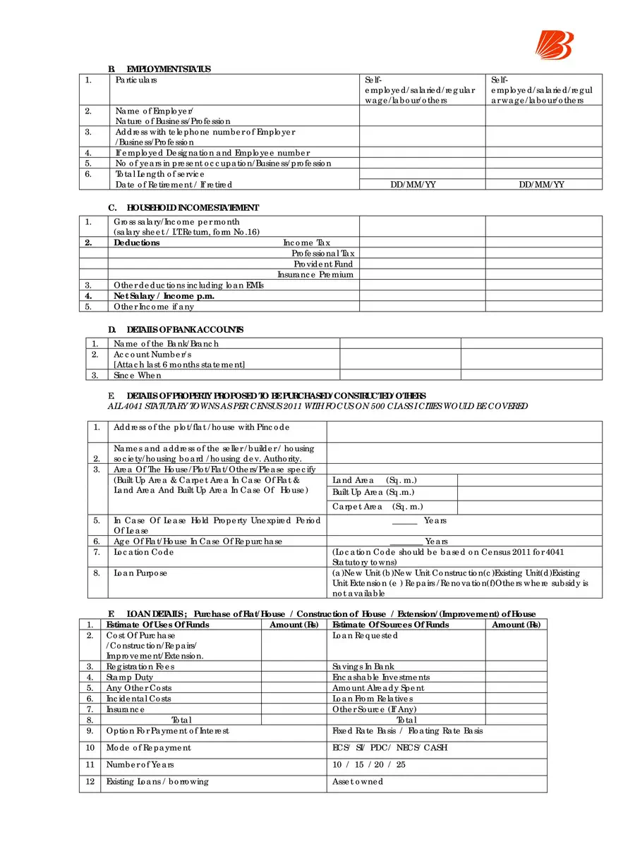 2nd Page of Bank of Baroda Pradhan Mantri Awas Yojana (PMAY) Form PDF