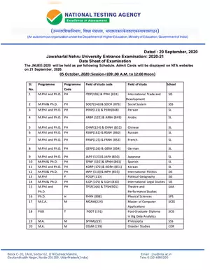 JNU Entrance Exams (JNUEE) Date Sheet 2020-21