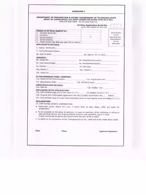 Liquor Retail Shop License Form Telangana