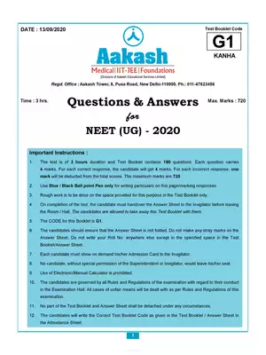 NEET 2020 Question Paper Code-G1 with Solution