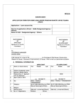 Canara Bank – Pradhan Mantri Awas Yojana (PMAY) Application Form PDF