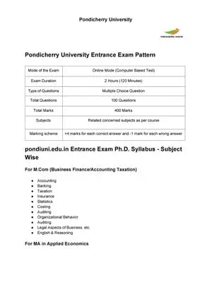 Pondicherry University Entrance Exam Syllabus 2020