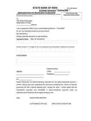 SBI Internet Banking Reactivate Form PDF