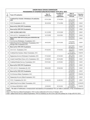 UPSC Exam Calendar 2020-21