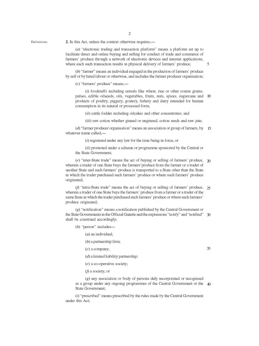 2nd Page of The Farmers Bill 2020 (Produce Trade & Commerce) PDF
