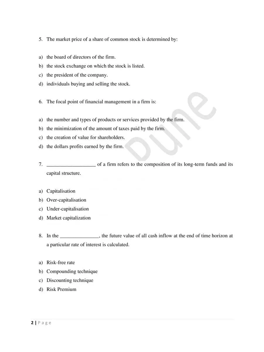 2nd Page of Business Finance MCQs with Answer PDF