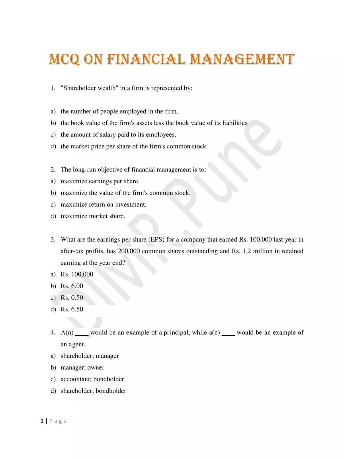 Business Finance MCQs with Answer