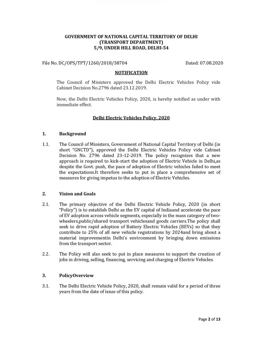 2nd Page of Delhi Electric Vehicles (EV) Policy 2020 PDF