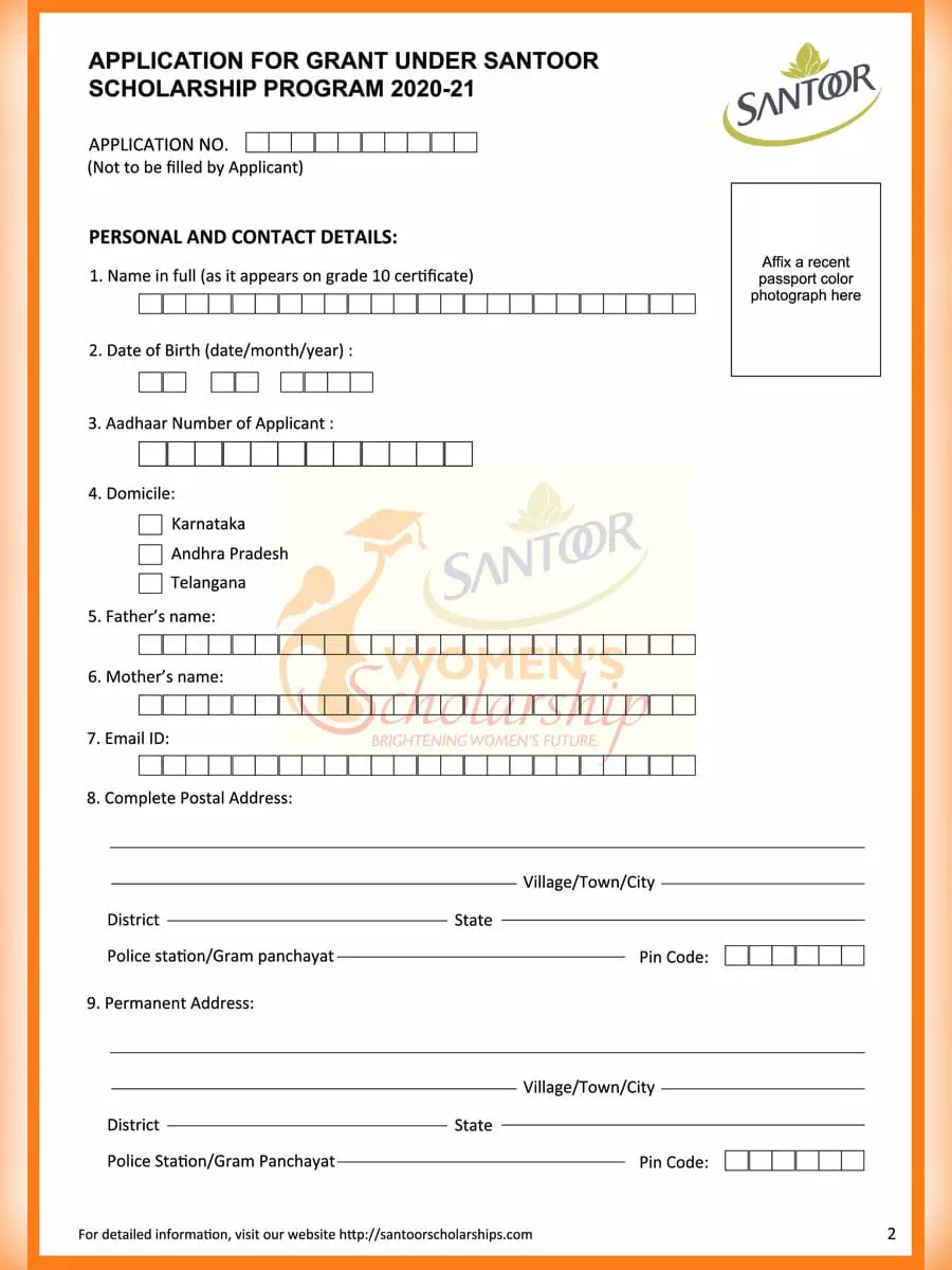 2nd Page of Santoor Scholarship Application Form 2020-21 PDF