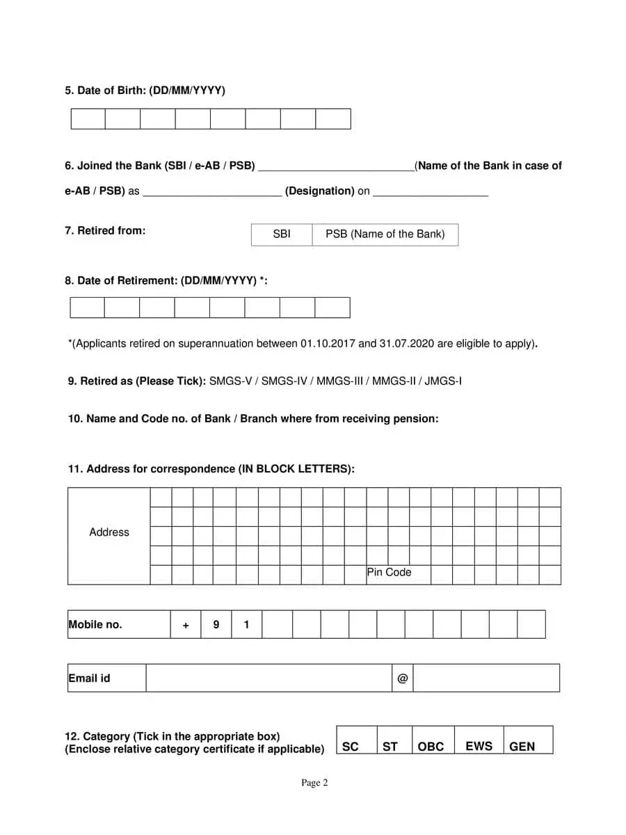 2nd Page of SBI Application Form for Engagement Retired Officers PDF