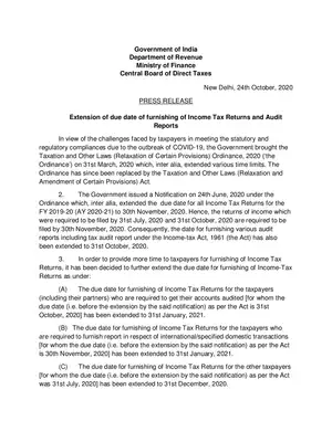 Income Tax Return Due Date Extension Notification 24 October 2020