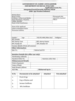 Jammu & Kashmir Old Age Pension Scheme Form PDF