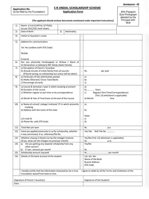 S R Jindal Scholarship Scheme Application Form