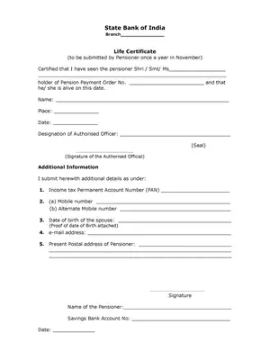 Life Certificate for Pensioners SBI PDF