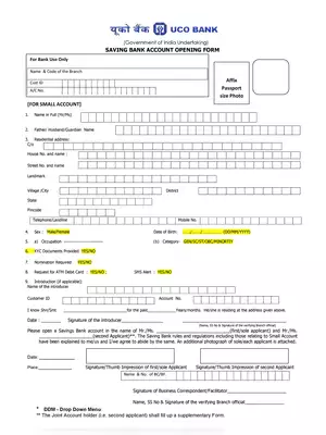 UCO Bank Saving Account Opening Application Form PDF