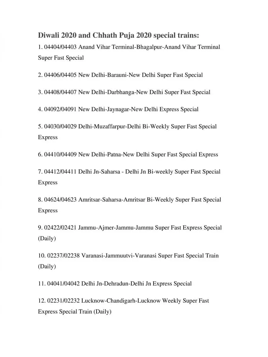 2nd Page of Trains List for Diwali & Chhath Puja 2020 PDF