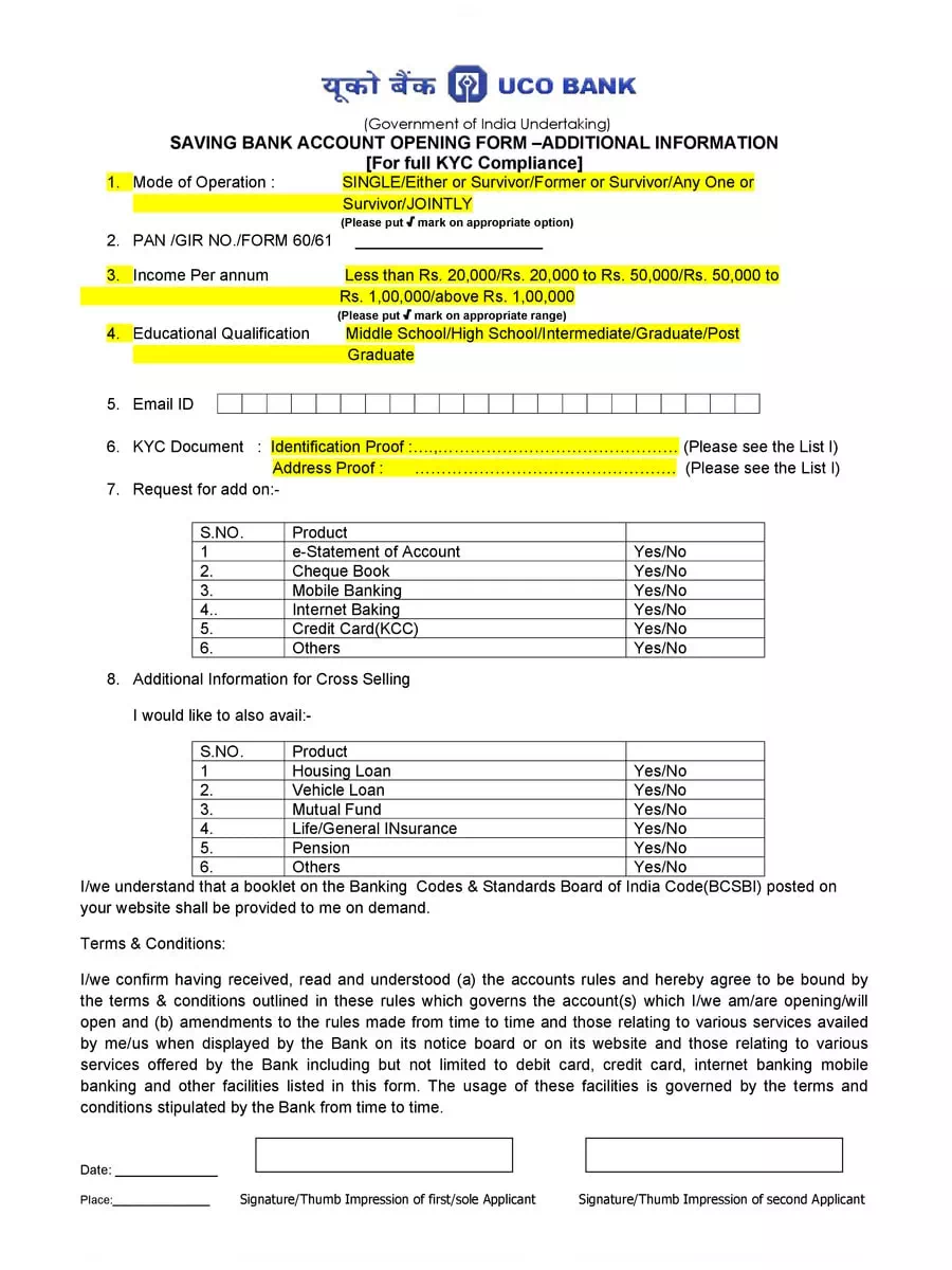 2nd Page of UCO Bank Saving Account Opening Application Form PDF