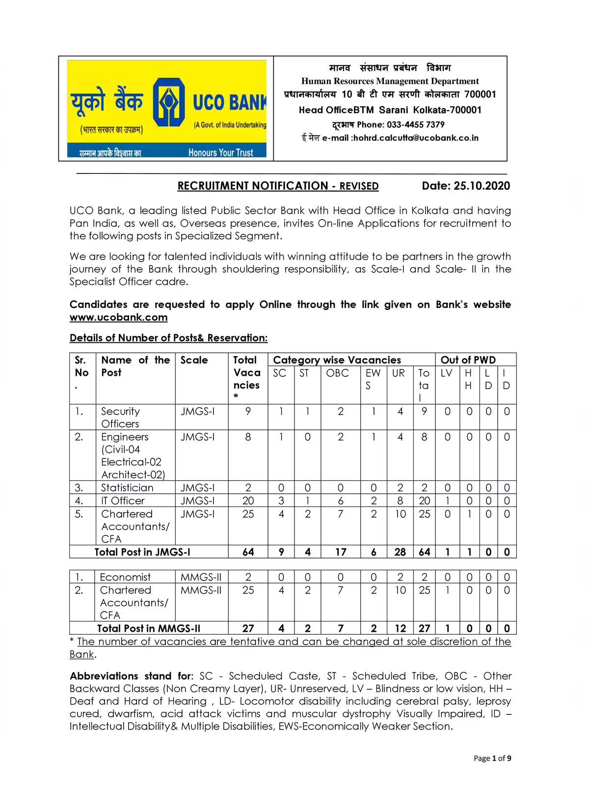 UCO Bank Specialist Officer SO Recruitment Notification 2020