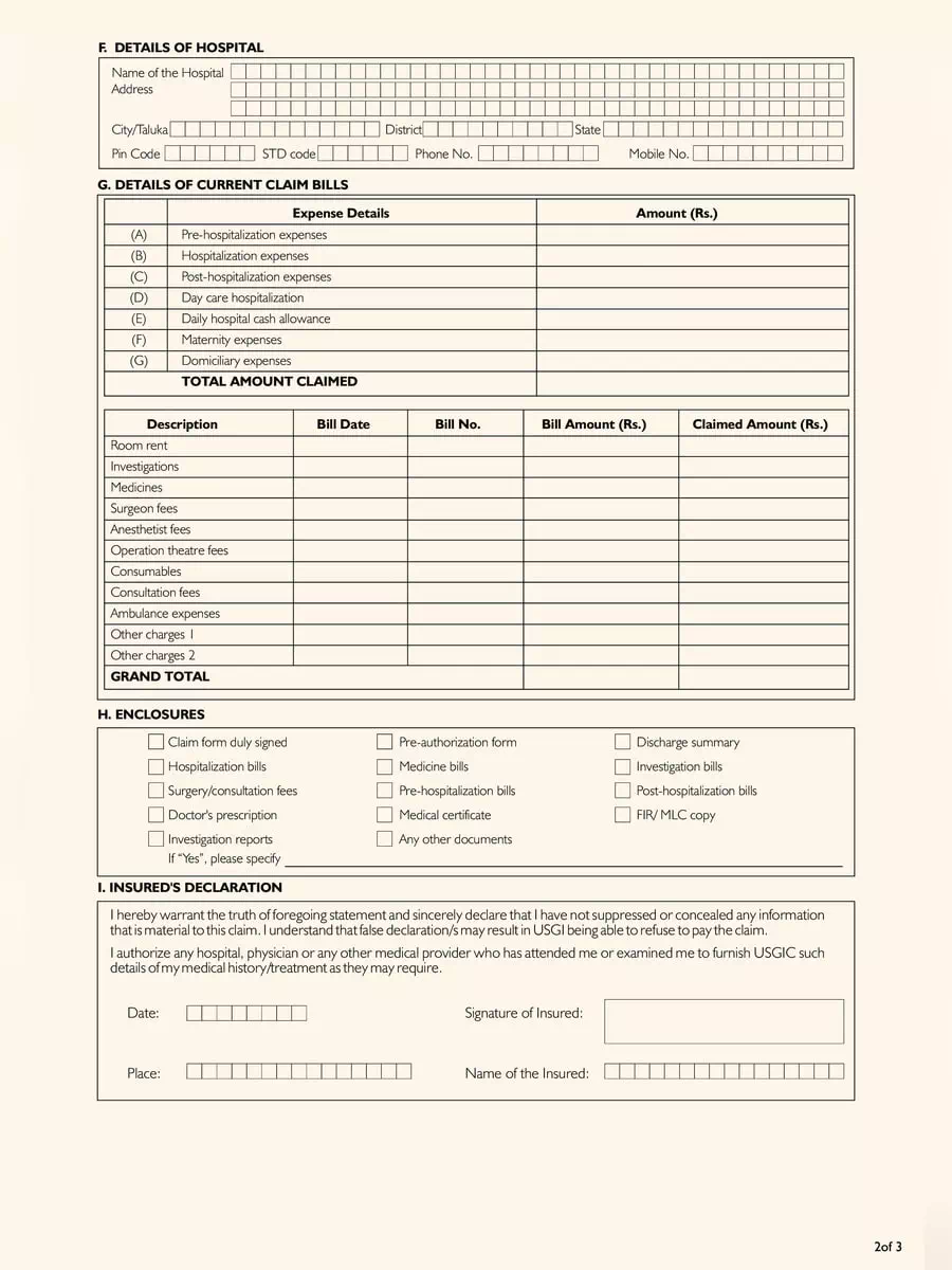 2nd Page of Universal Sompo Health Insurance Claim Form PDF