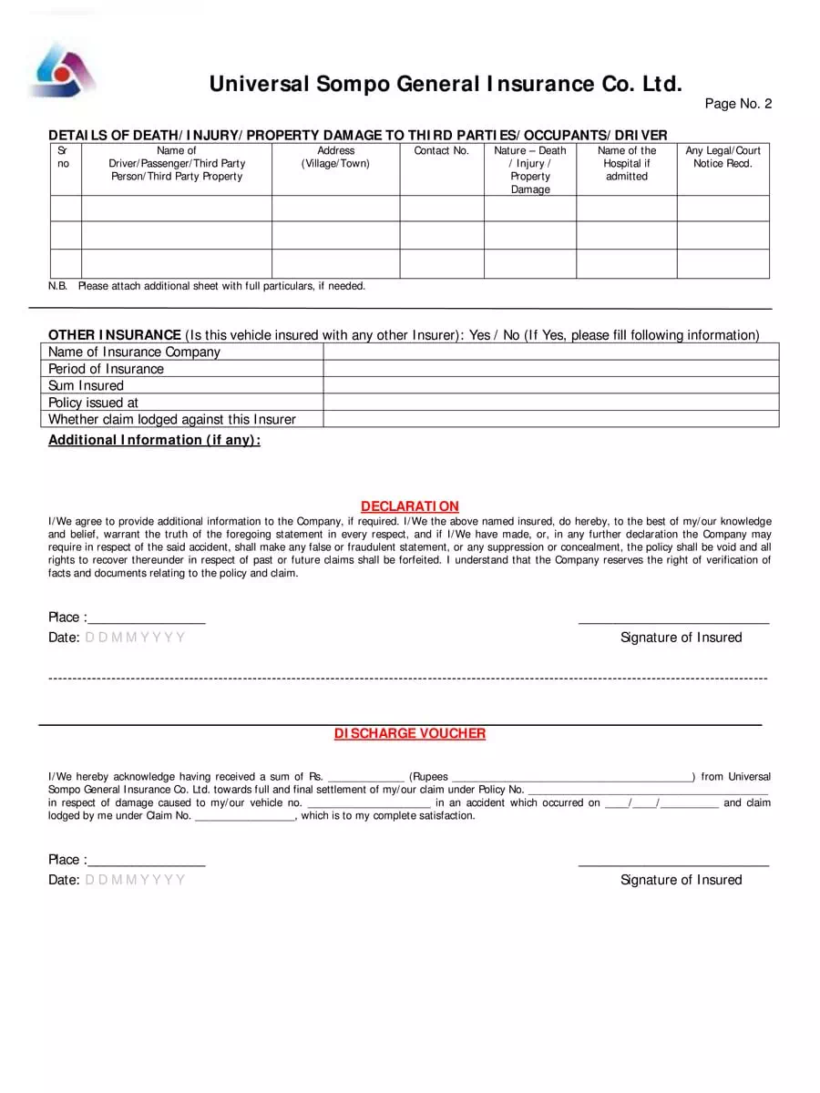 2nd Page of Universal Sompo Motor Insurance Claim Form PDF